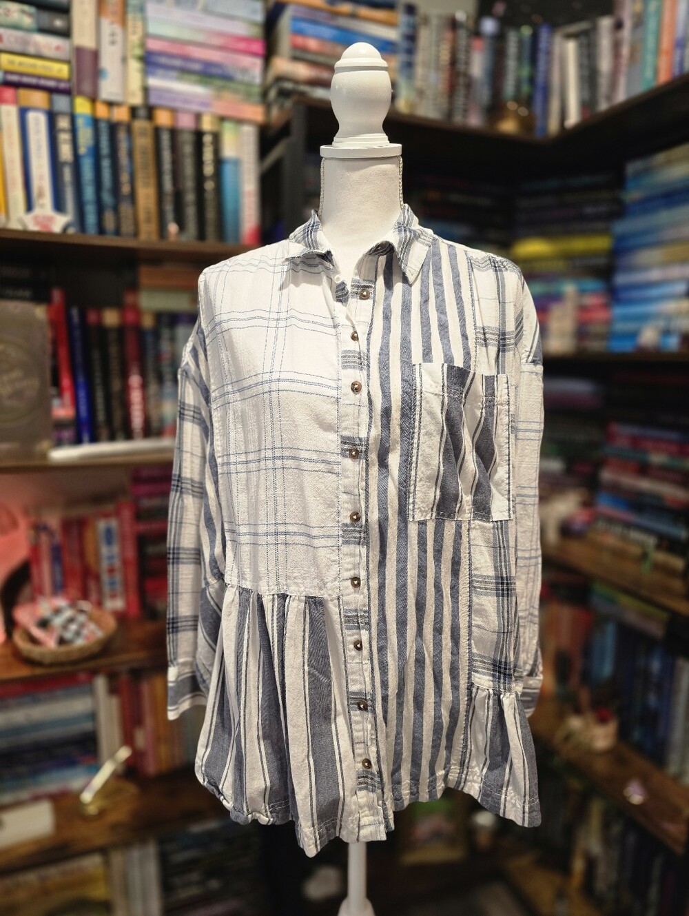 Pilcro Blue and White Mixed-Stripe Button Down Peplum Shirt